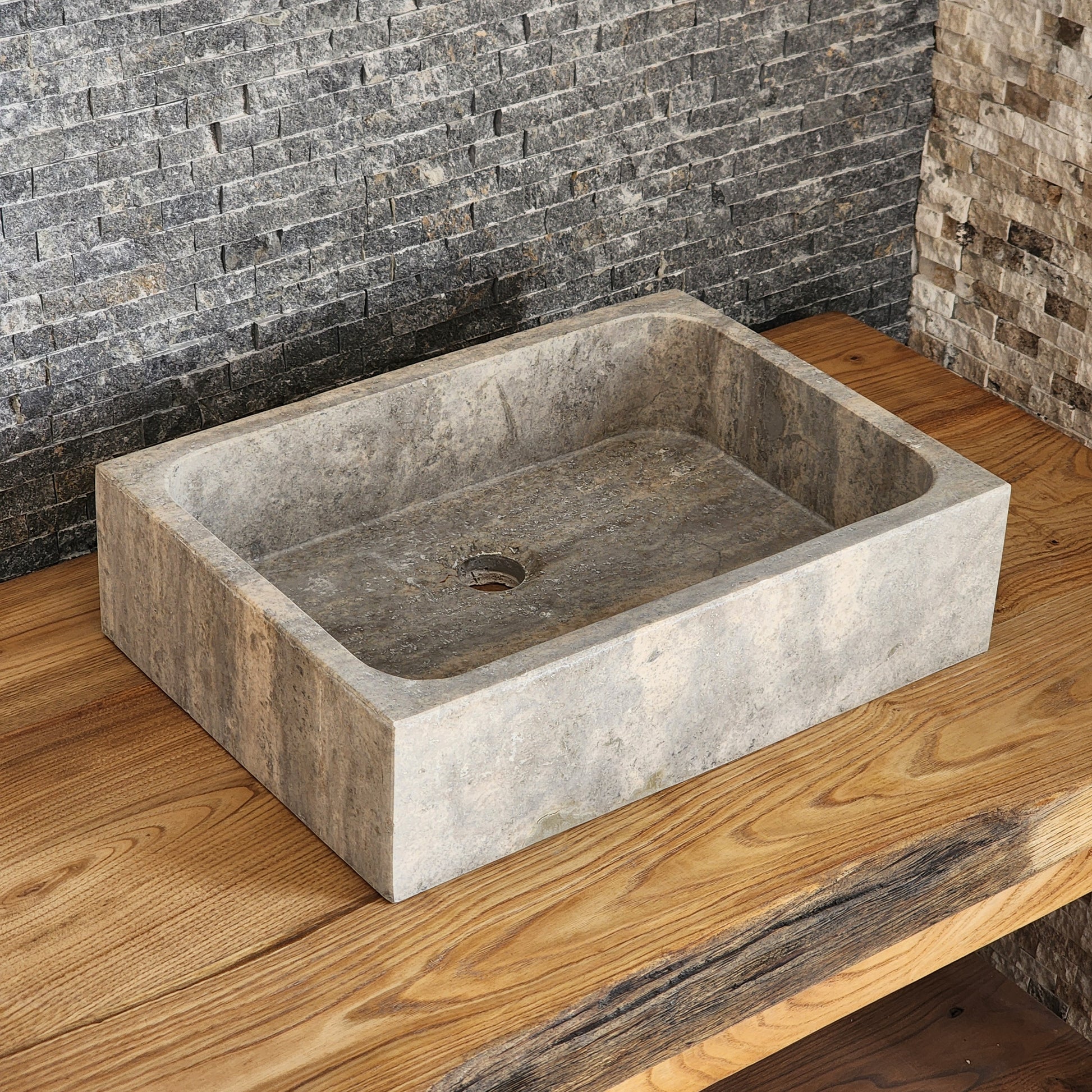 Rectangular Silver Travertine Vessel Sink - Solid Block Stone Basin