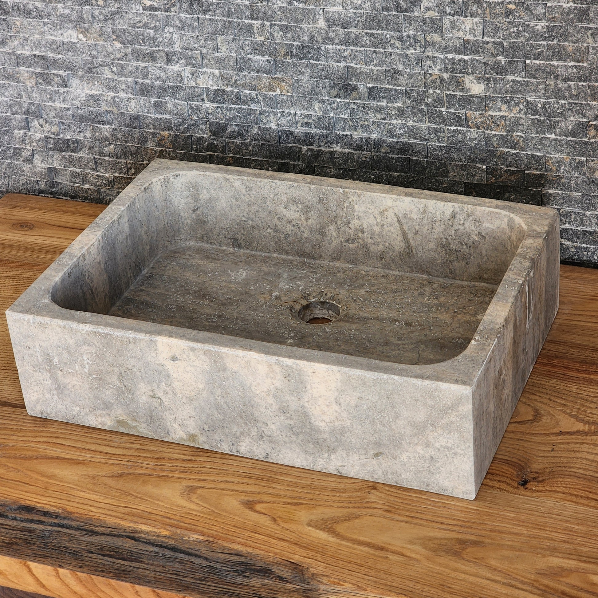 Rectangular Silver Travertine Vessel Sink - Solid Block Stone Basin