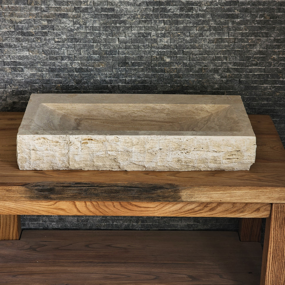 Rectangular Travertine Chiseled Trough Sink - Solid Stone Large Basin