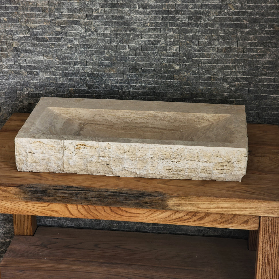 Rectangular Travertine Chiseled Trough Sink - Solid Stone Large Basin