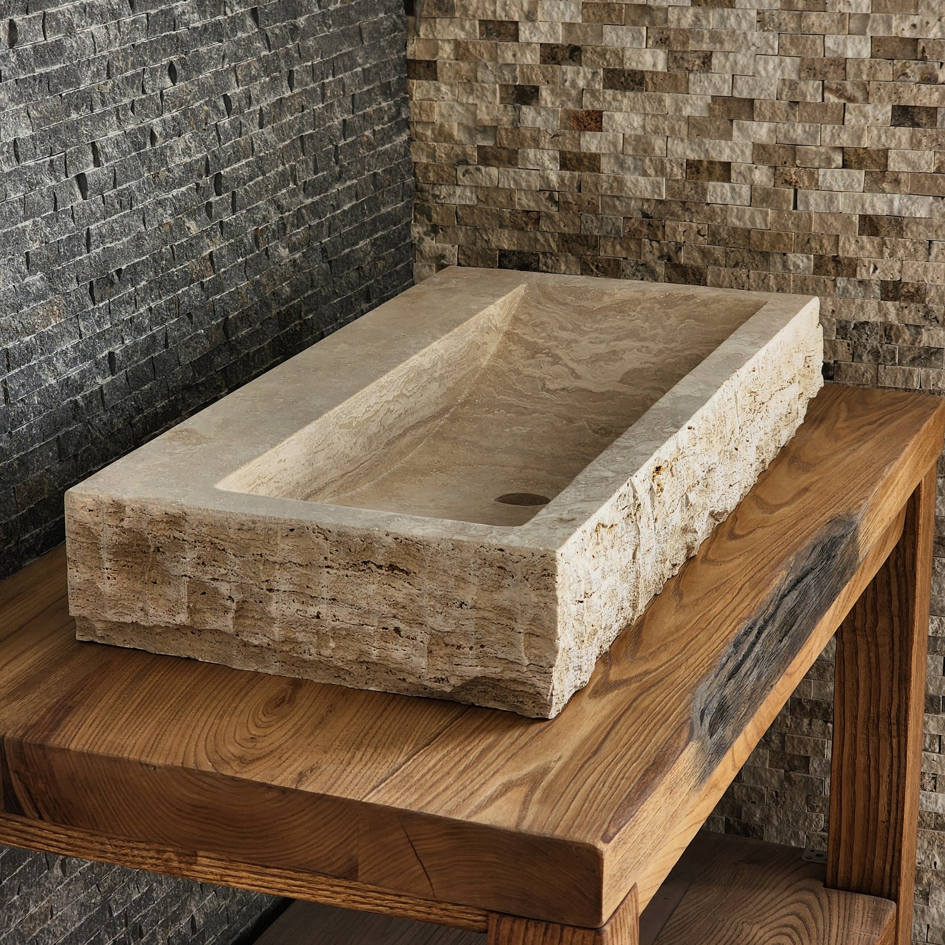 Rectangular Travertine Chiseled Trough Sink - Solid Stone Large Basin