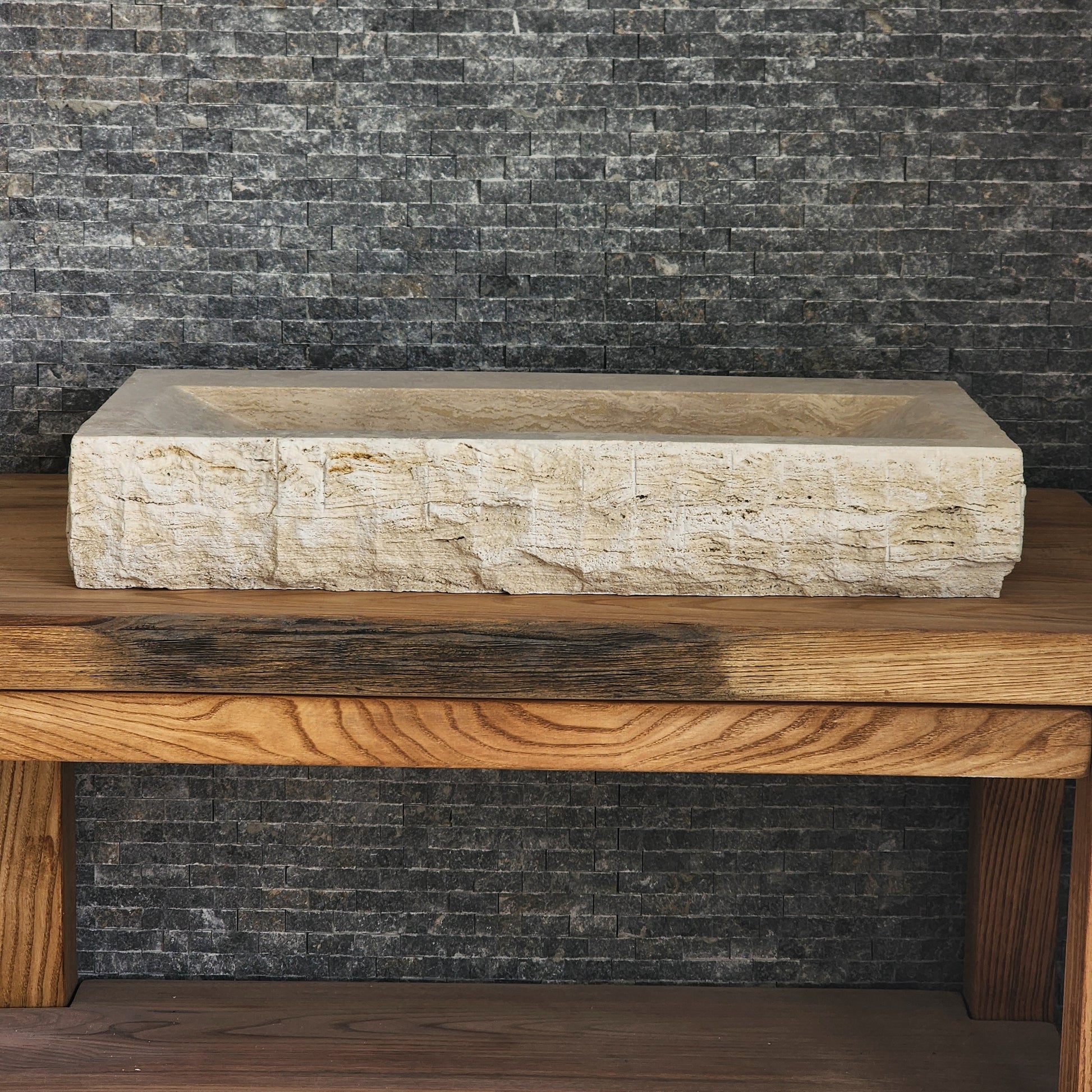 Rectangular Travertine Chiseled Trough Sink - Solid Stone Large Basin