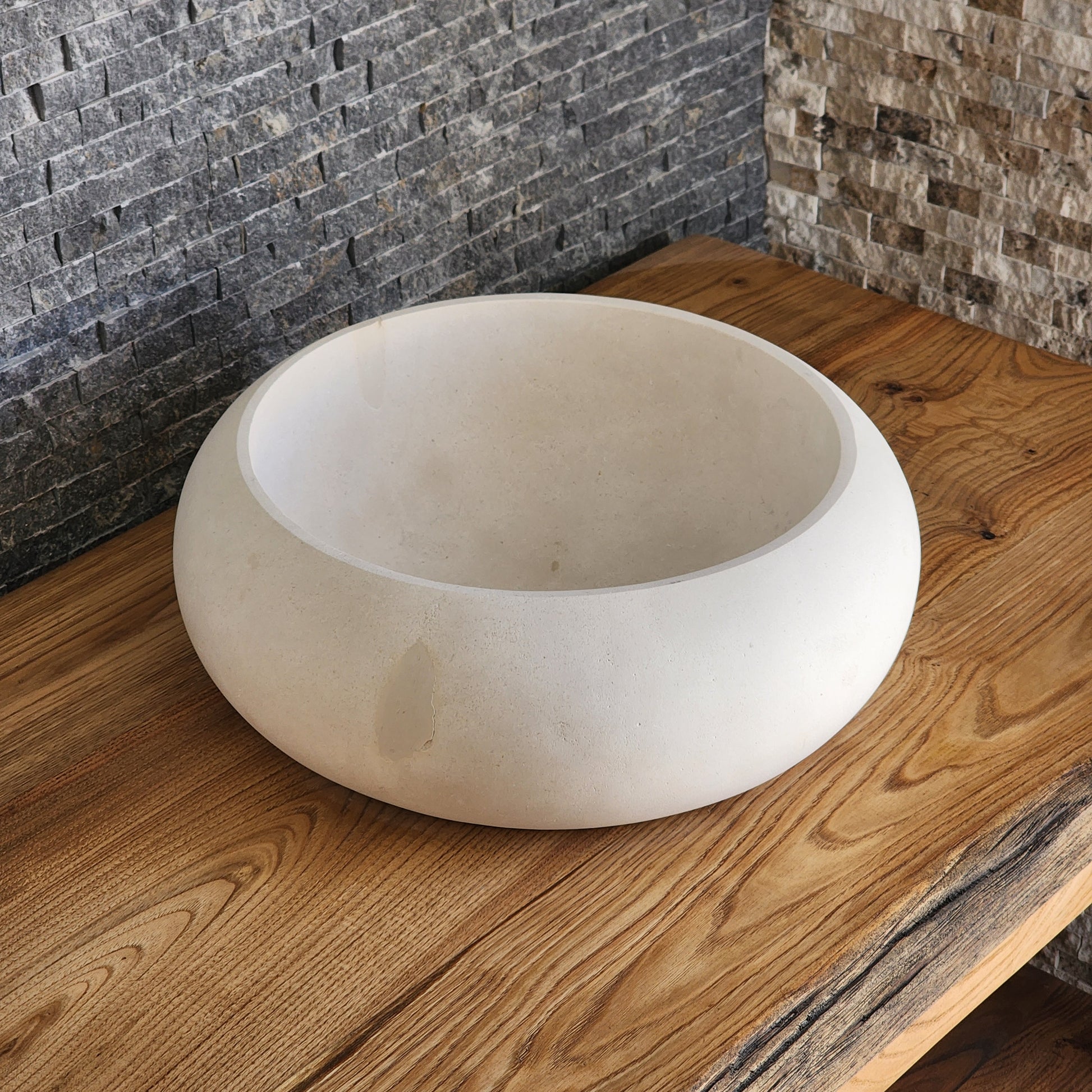 Cream Limestone Vessel Sink – Round Matte Organic Natural Stone Basin
