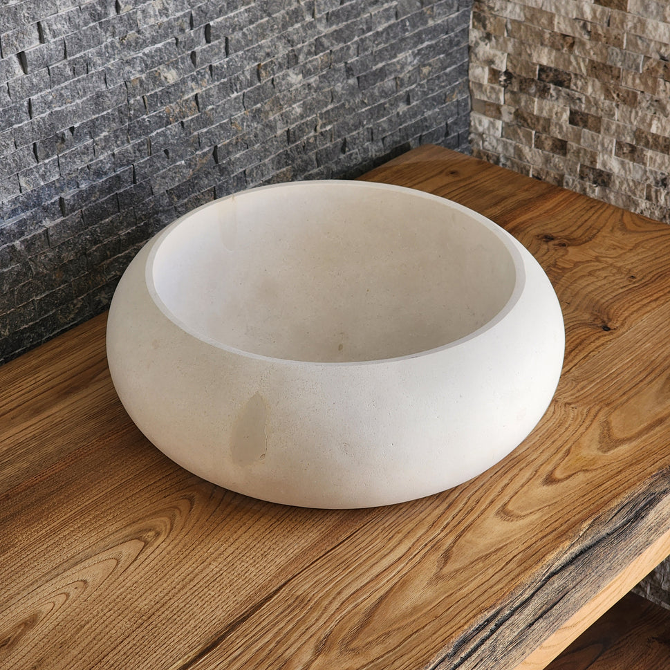 Cream Limestone Vessel Sink – Round Matte Organic Natural Stone Basin