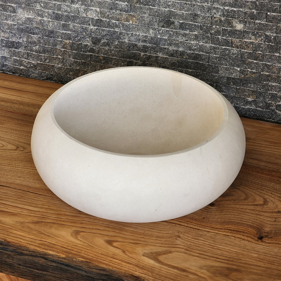 Cream Limestone Vessel Sink – Round Matte Organic Natural Stone Basin