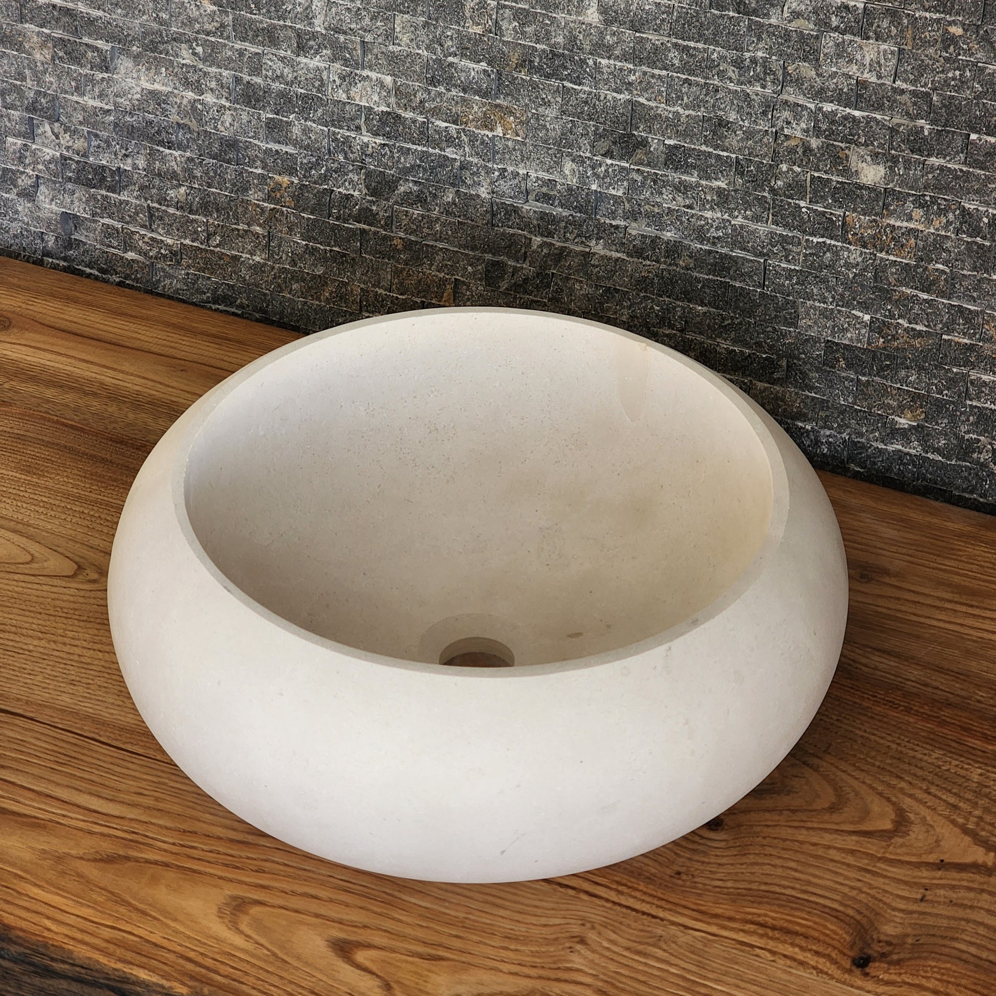 Cream Limestone Vessel Sink – Round Matte Organic Natural Stone Basin