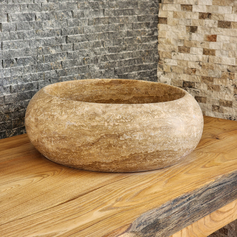 Hand-Carved Round Travertine Vessel Sink - Rustic Gold Stone Basin