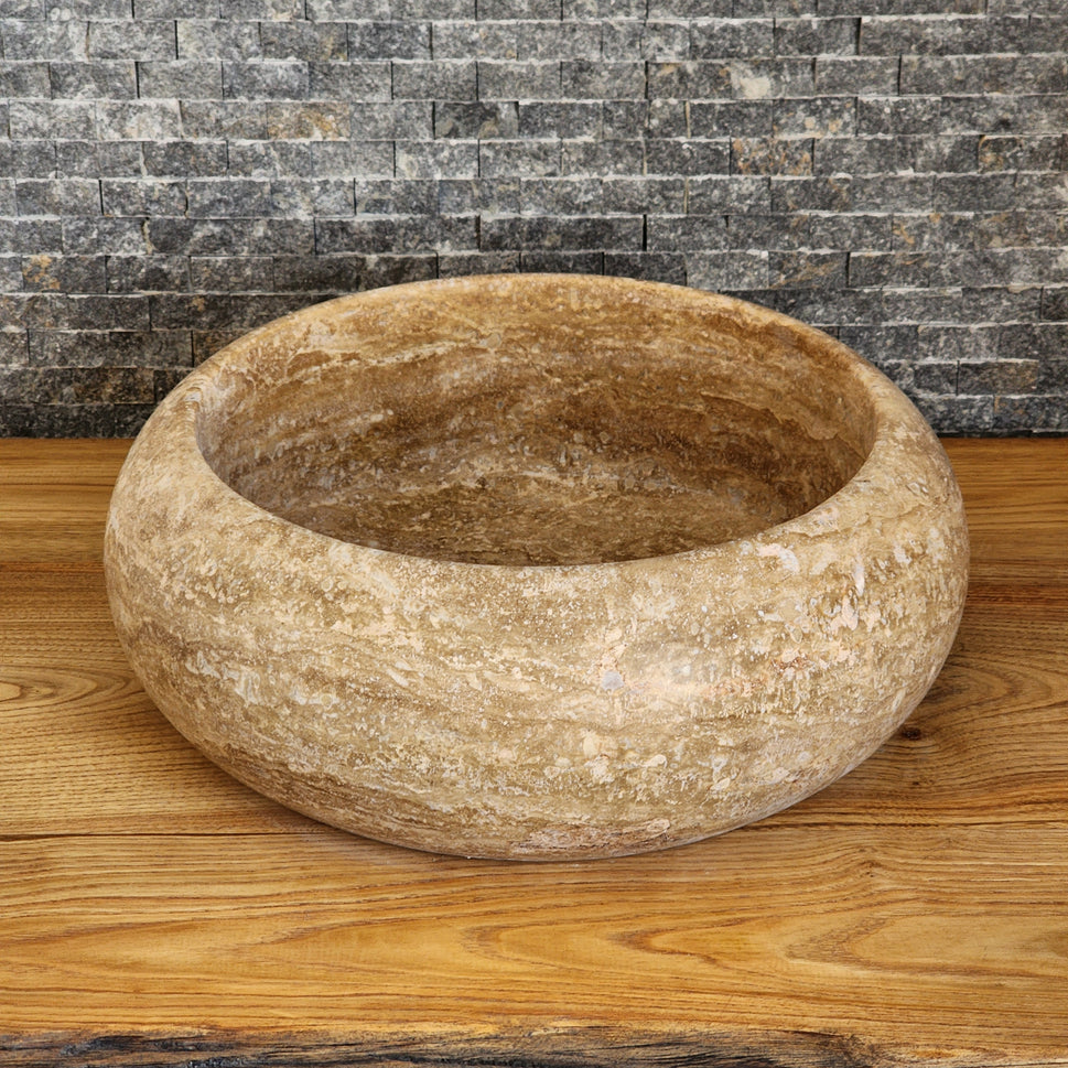 Hand-Carved Round Travertine Vessel Sink - Rustic Gold Stone Basin