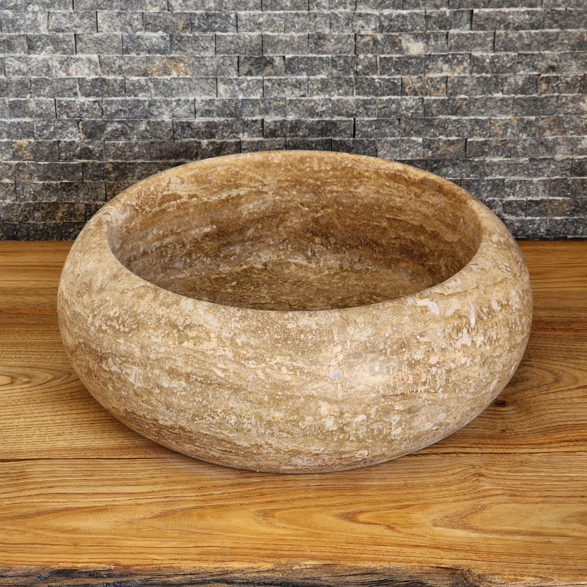 Hand-Carved Round Travertine Vessel Sink - Rustic Gold Stone Basin