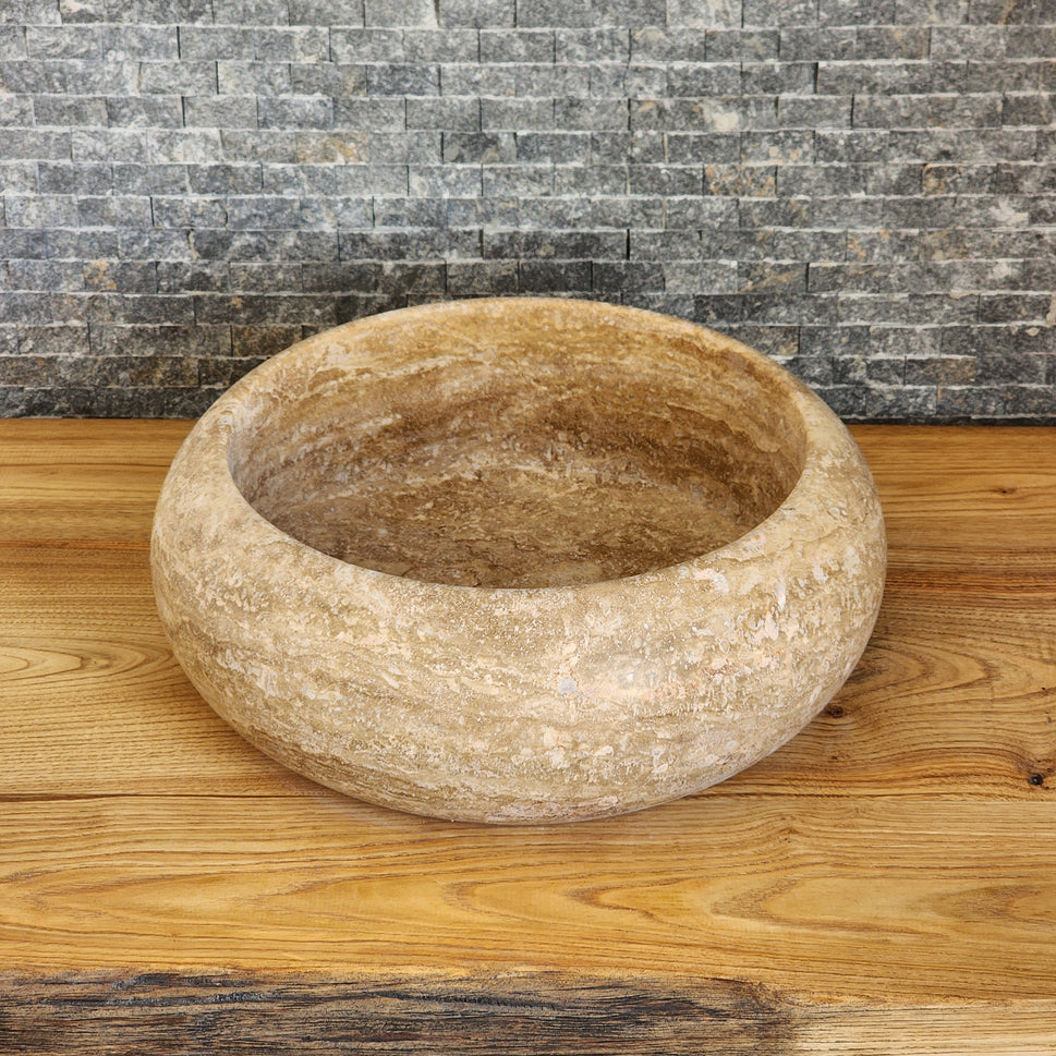 Hand-Carved Round Travertine Vessel Sink - Rustic Gold Stone Basin