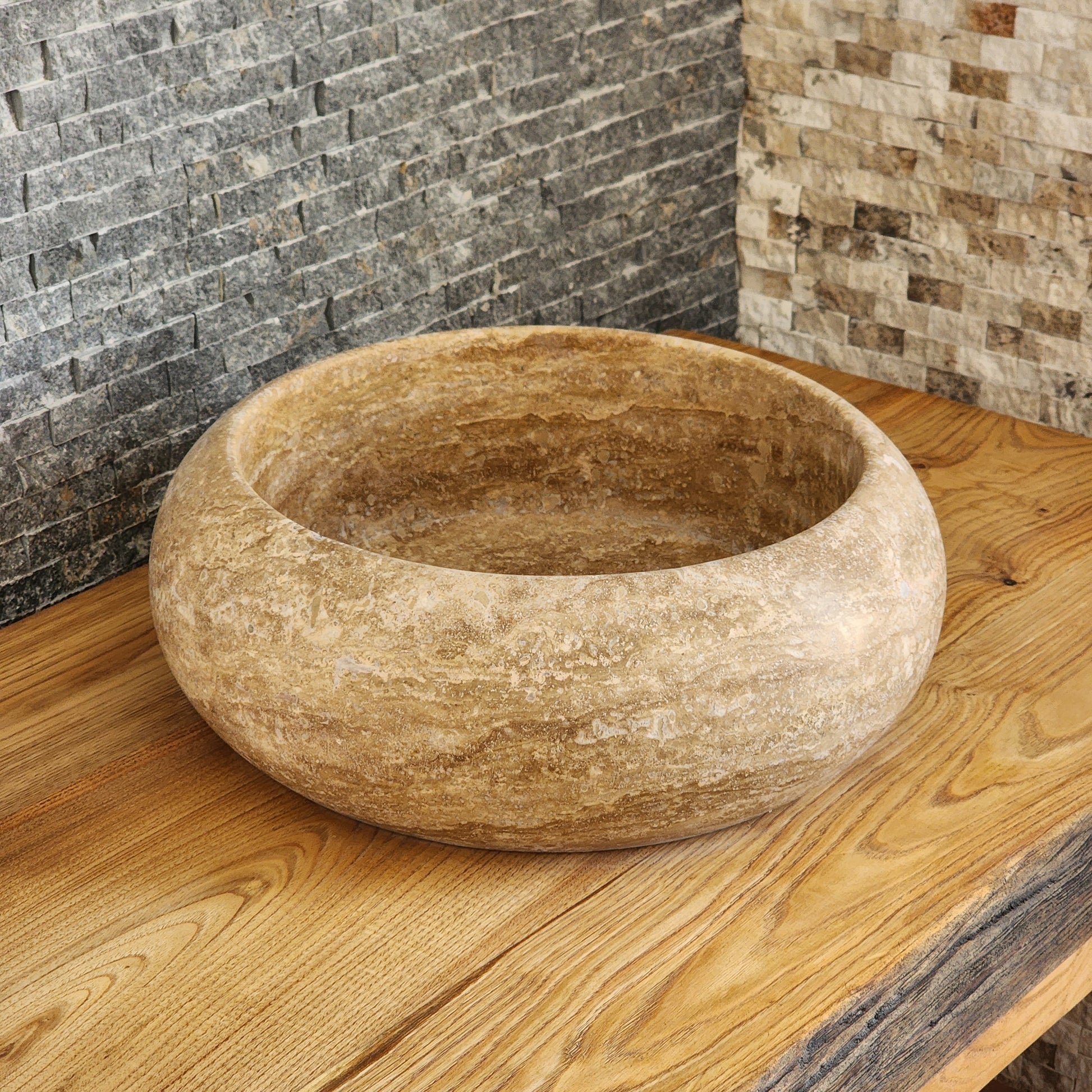 Hand-Carved Round Travertine Vessel Sink - Rustic Gold Stone Basin