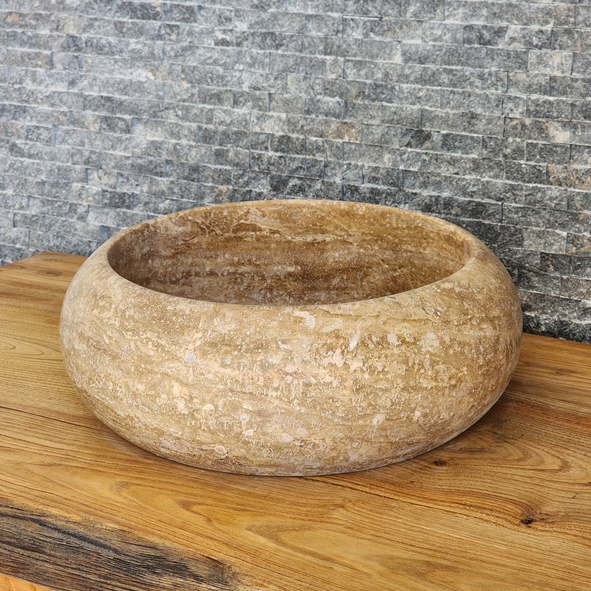 Hand-Carved Round Travertine Vessel Sink - Rustic Gold Stone Basin