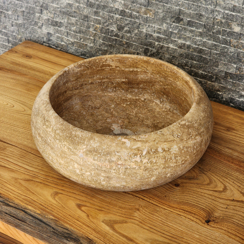 Hand-Carved Round Travertine Vessel Sink - Rustic Gold Stone Basin
