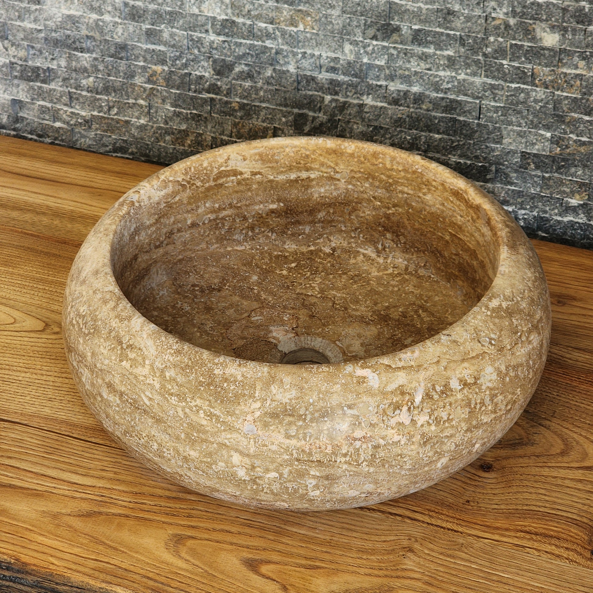 Hand-Carved Round Travertine Vessel Sink - Rustic Gold Stone Basin