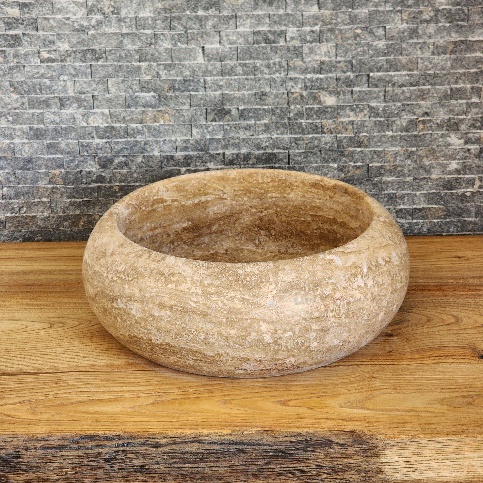 Hand-Carved Round Travertine Vessel Sink - Rustic Gold Stone Basin