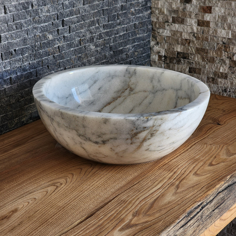 Modern Round White Marble Vessel Sink - Thick Rim Artisan Stone Basin
