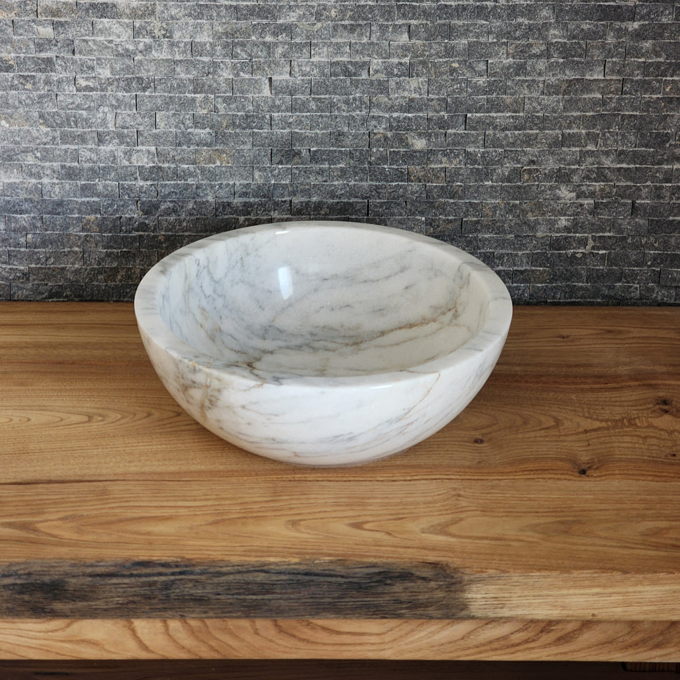 Modern Round White Marble Vessel Sink - Thick Rim Artisan Stone Basin