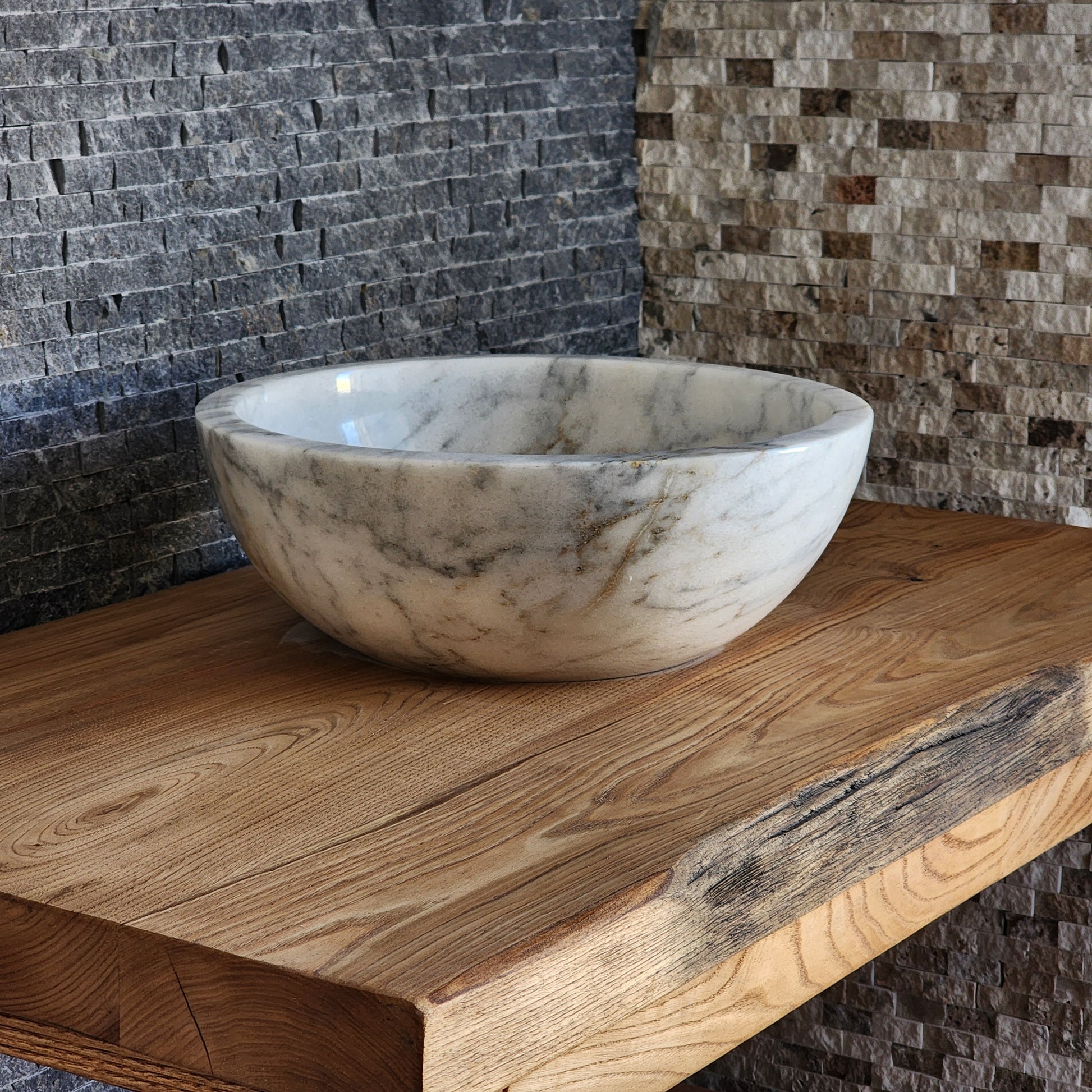 Modern Round White Marble Vessel Sink - Thick Rim Artisan Stone Basin