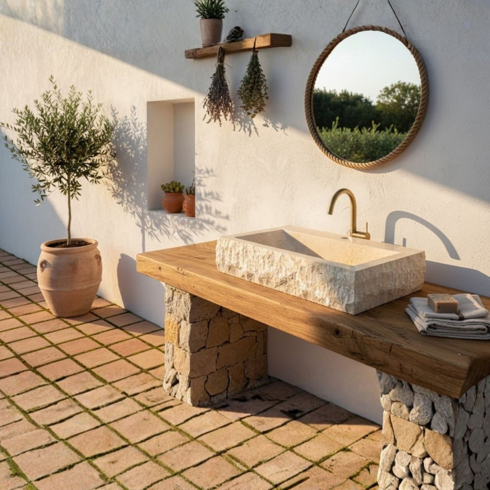 Hand-Carved Rustic Chiseled Travertine Vessel Sink – Rectangular Rock-Face Natural Stone Basin