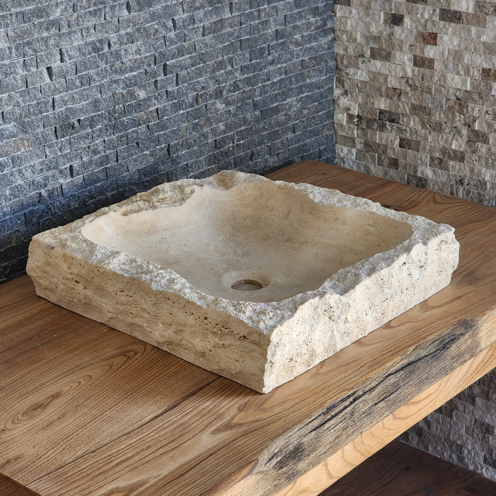 Norhew Raw Travertine Vessel Sink - Hand-Chiseled Square Design