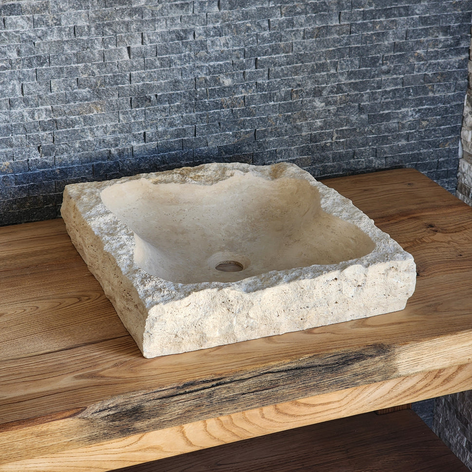 Norhew Raw Travertine Vessel Sink - Hand-Chiseled Square Design
