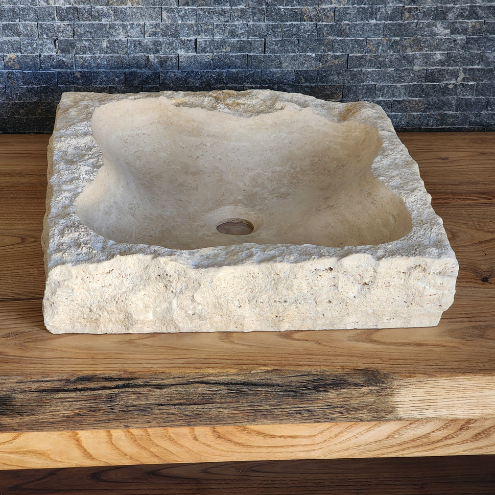 Norhew Raw Travertine Vessel Sink - Hand-Chiseled Square Design