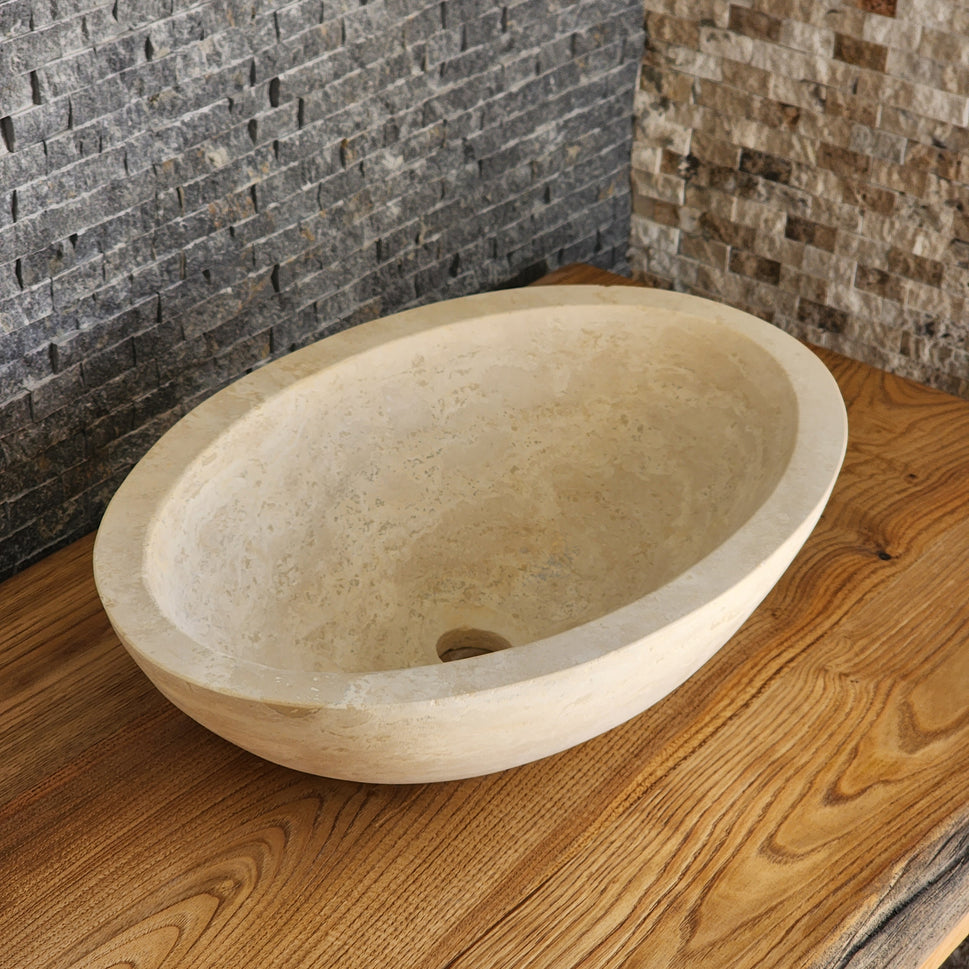 Solid Travertine Round Vessel Sink - Hand-Carved Rustic Gold Basin