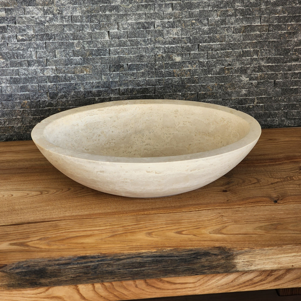 Solid Travertine Round Vessel Sink - Hand-Carved Rustic Gold Basin