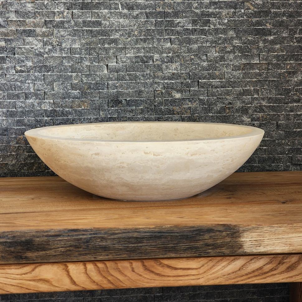 Solid Travertine Round Vessel Sink - Hand-Carved Rustic Gold Basin