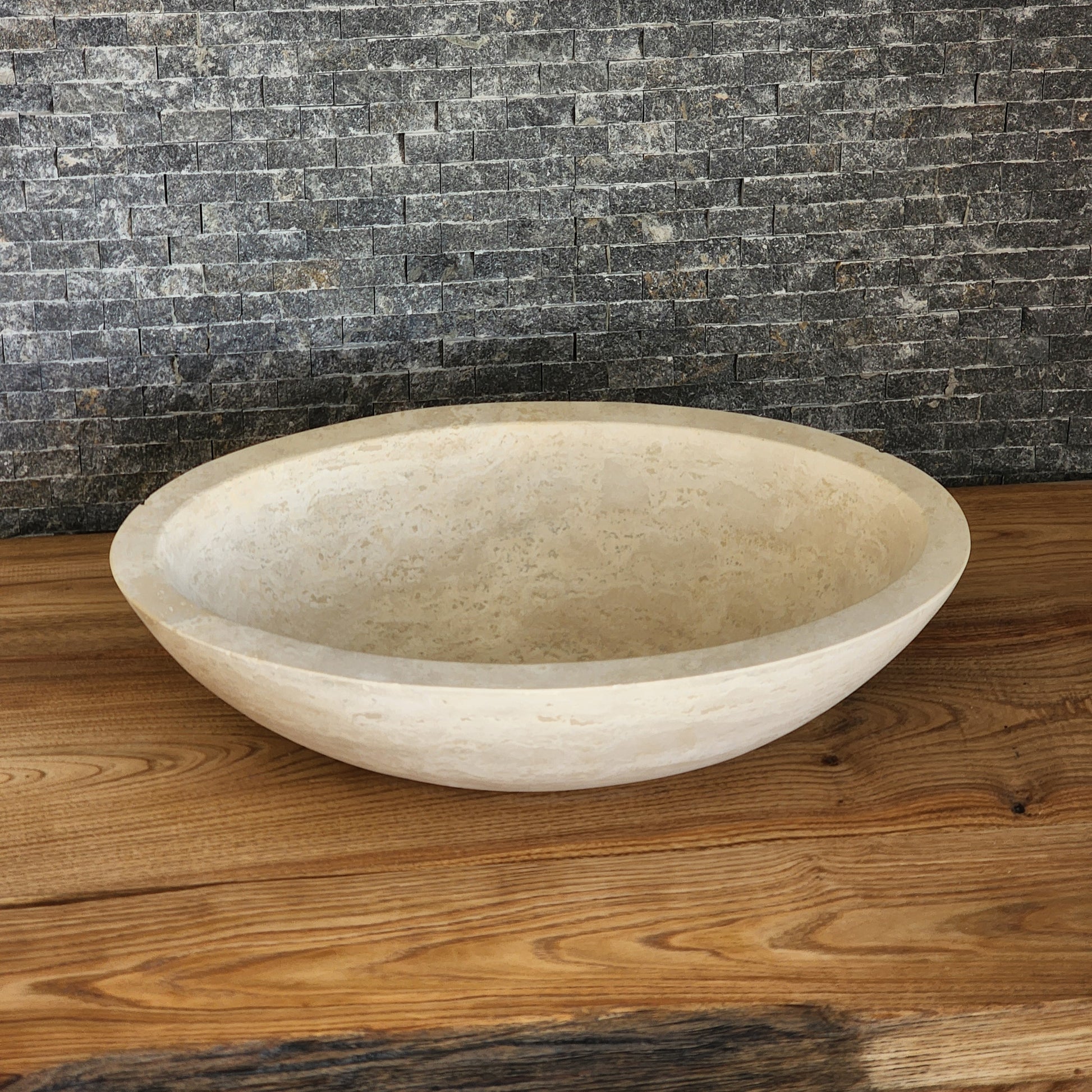 Solid Travertine Round Vessel Sink - Hand-Carved Rustic Gold Basin
