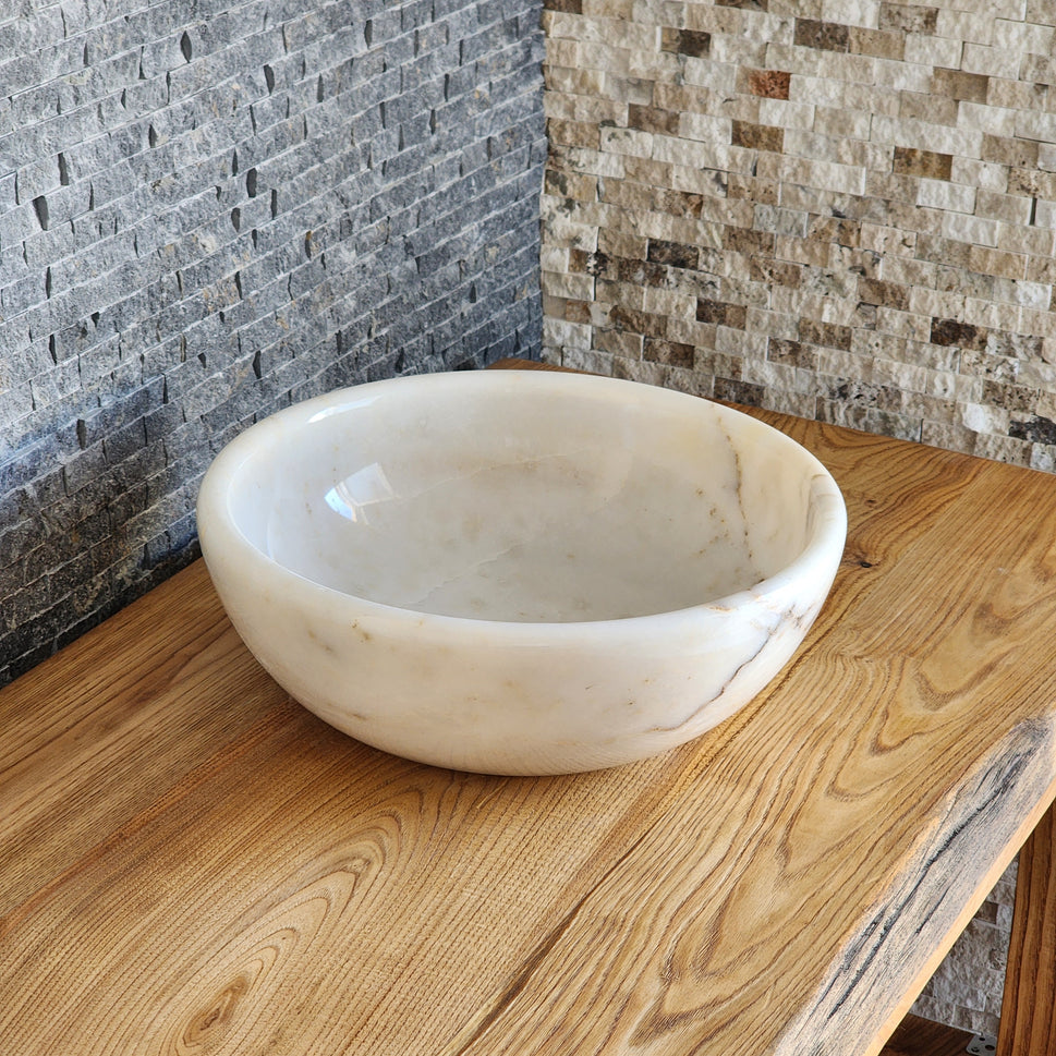 Solid White Marble Vessel Sink - Hand-Carved Natural Stone Basin