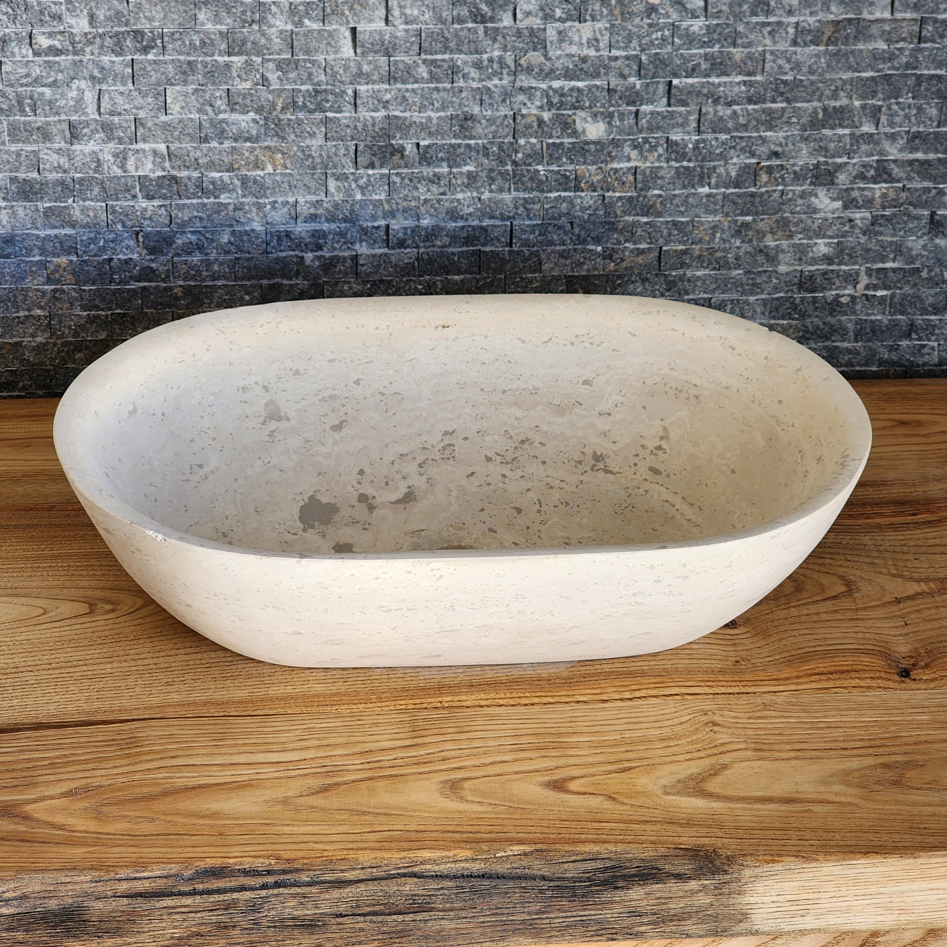 Solid Travertine Oval Vessel Sink - Hand-Carved Natural Cream Basin