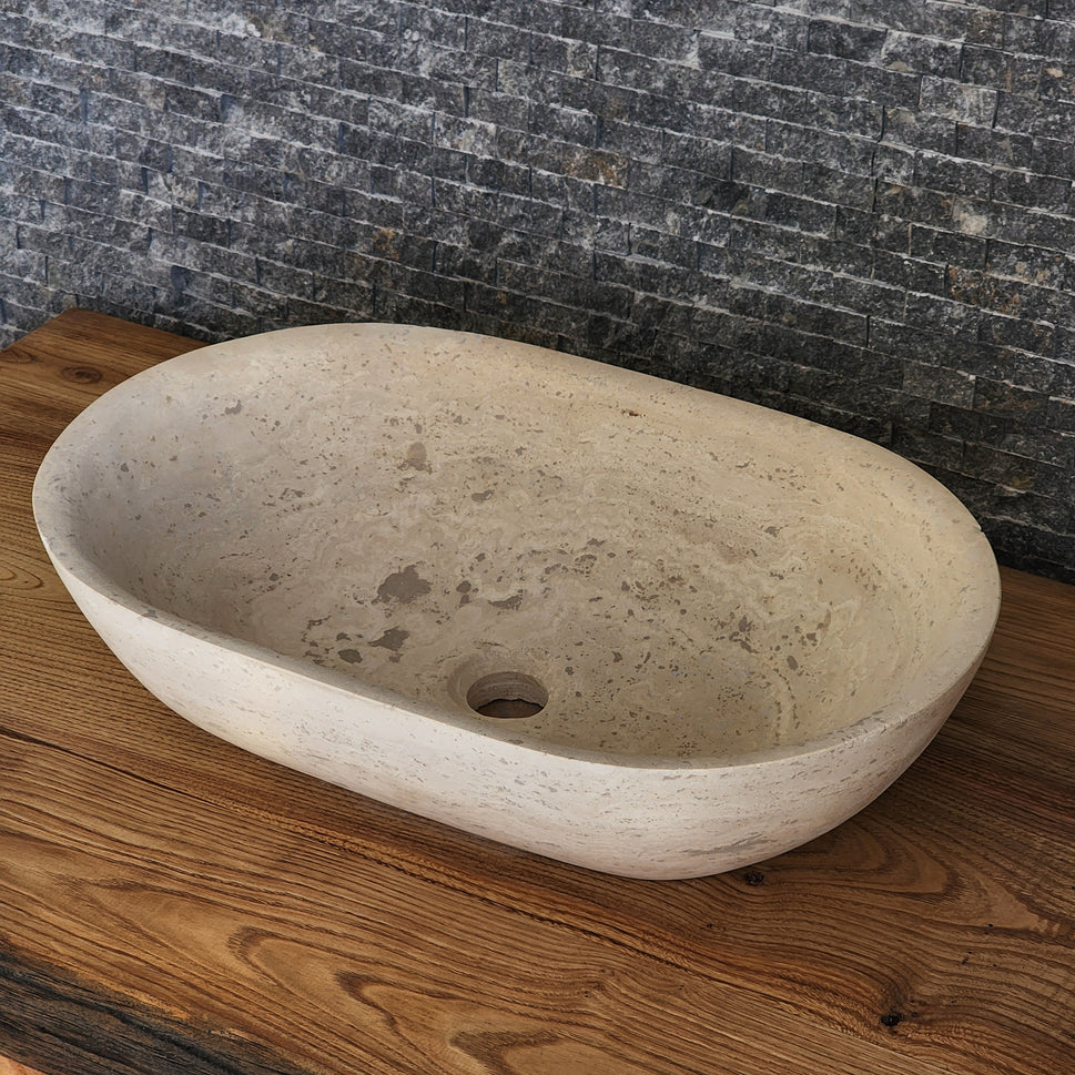Solid Travertine Oval Vessel Sink - Hand-Carved Natural Cream Basin