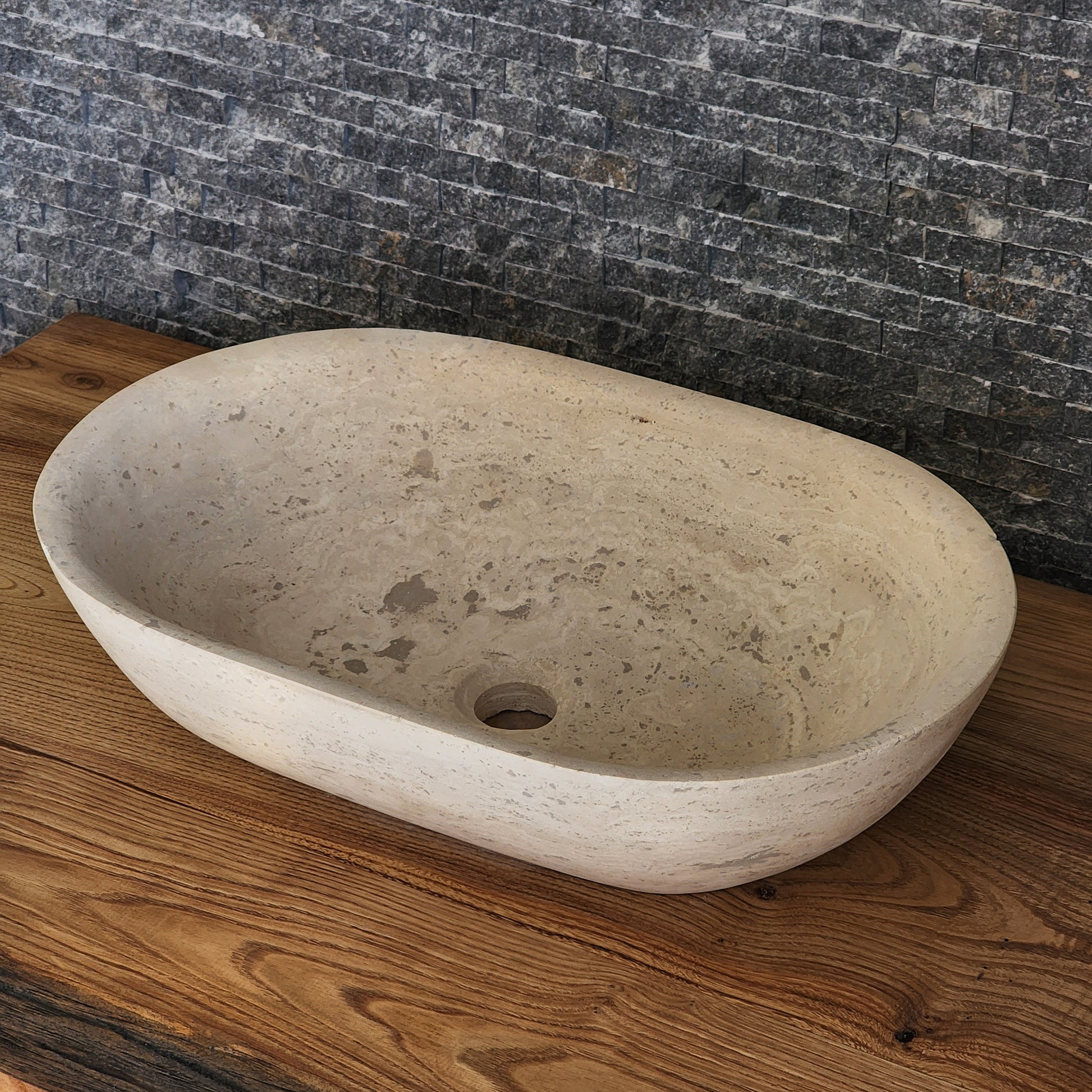 Solid Travertine Oval Vessel Sink - Hand-Carved Natural Cream Basin