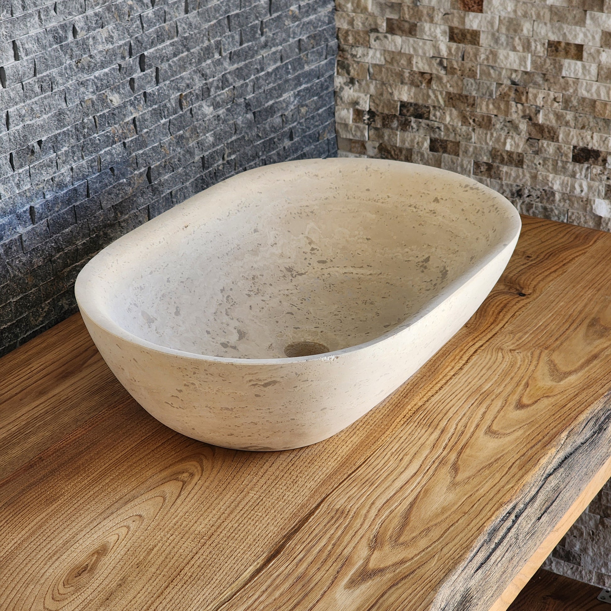 Solid Travertine Oval Vessel Sink - Hand-Carved Natural Cream Basin