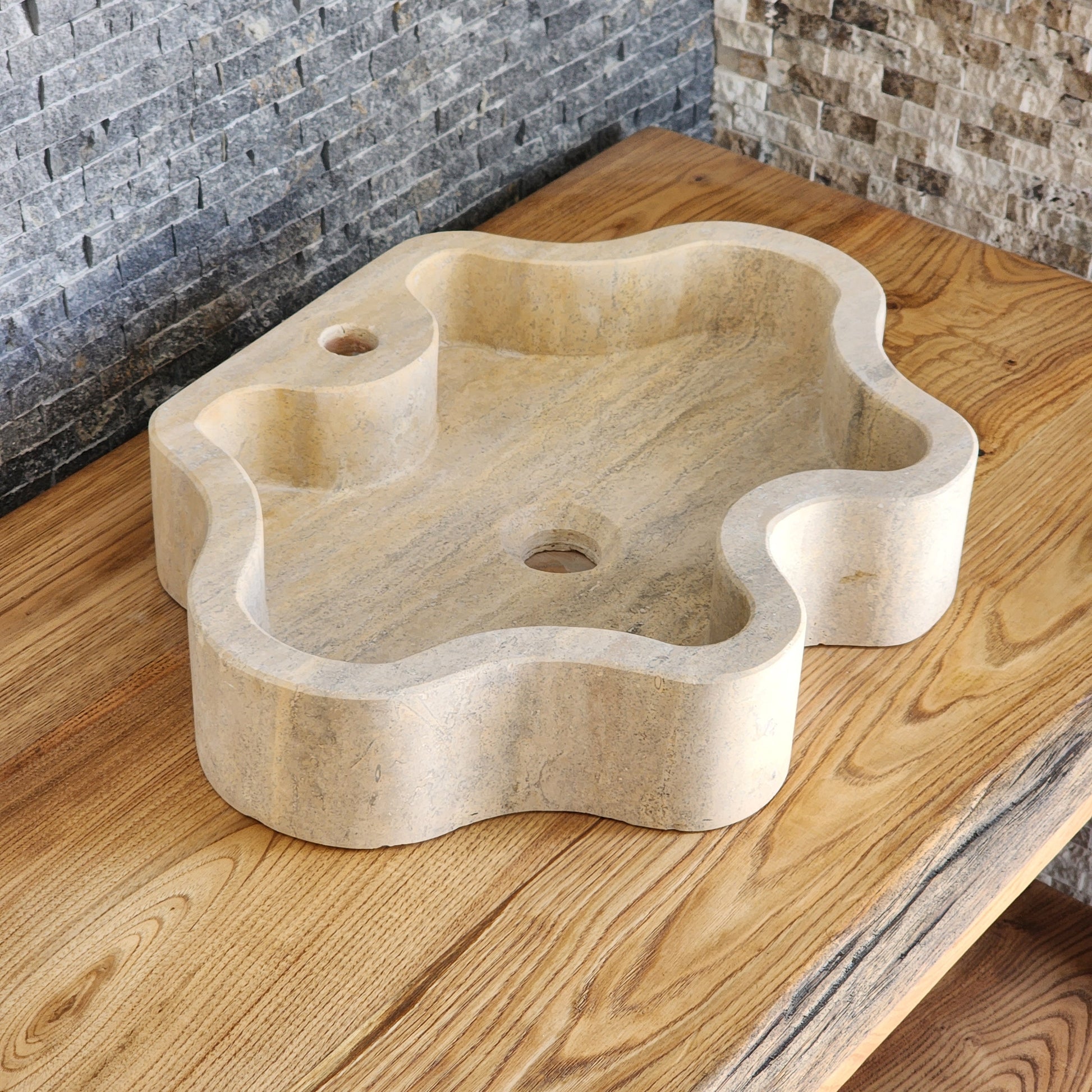 Hand-Carved Travertine Vessel Sink – Organic Wavy Edge Natural Stone Basin