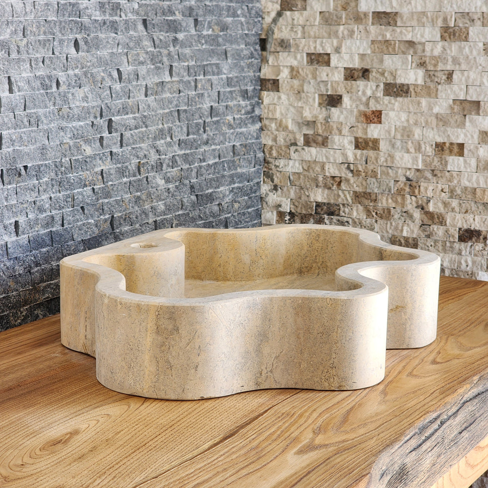 Hand-Carved Travertine Vessel Sink – Organic Wavy Edge Natural Stone Basin