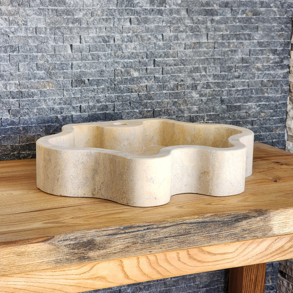 Hand-Carved Travertine Vessel Sink – Organic Wavy Edge Natural Stone Basin