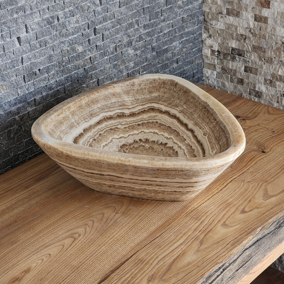 Triangular Exotic Onyx Vessel Sink - Hand-Carved Concentric Stone Basin