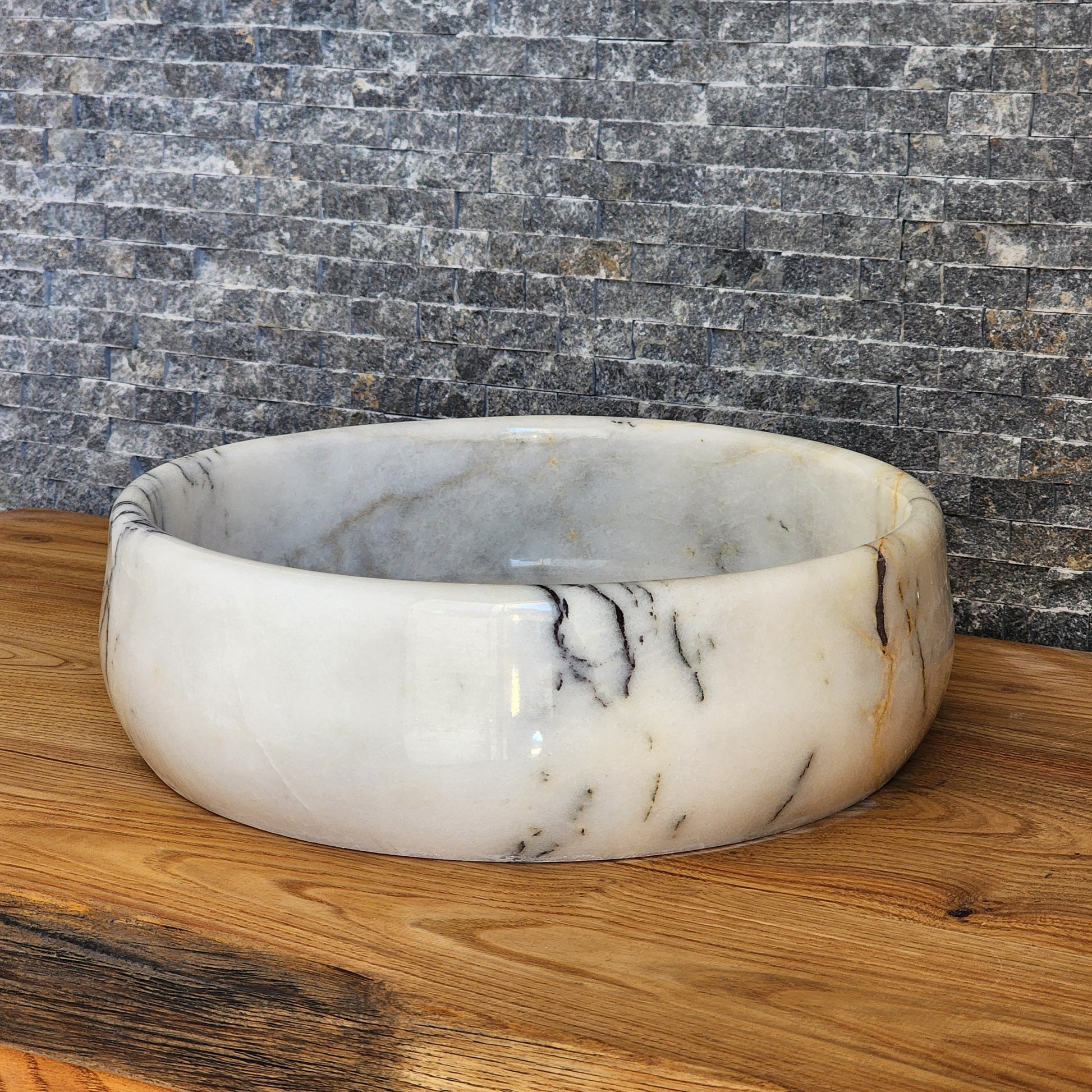 Hand-Carved White Marble Vessel Sink – Round Polished Calacatta-Style Natural Stone Basin
