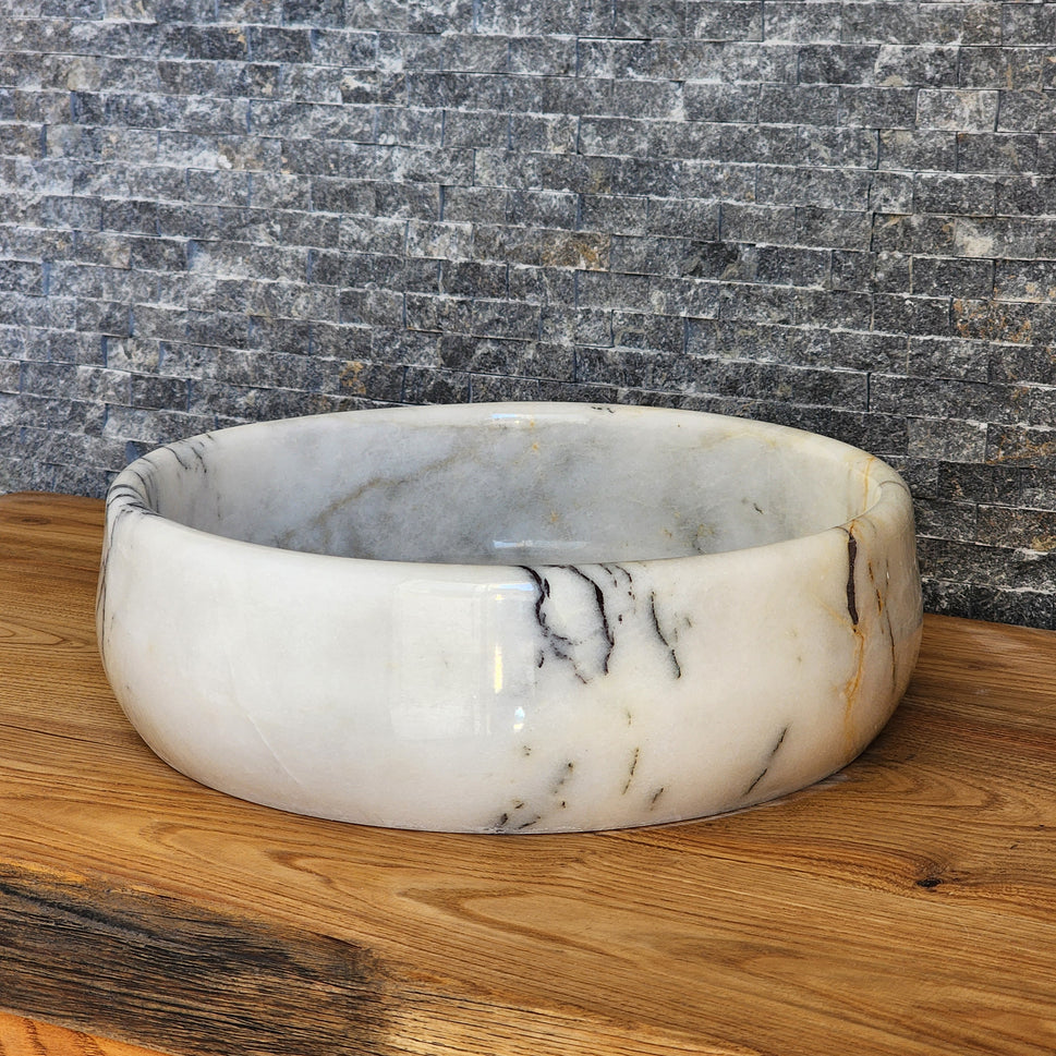 Hand-Carved White Marble Vessel Sink – Round Polished Calacatta-Style Natural Stone Basin