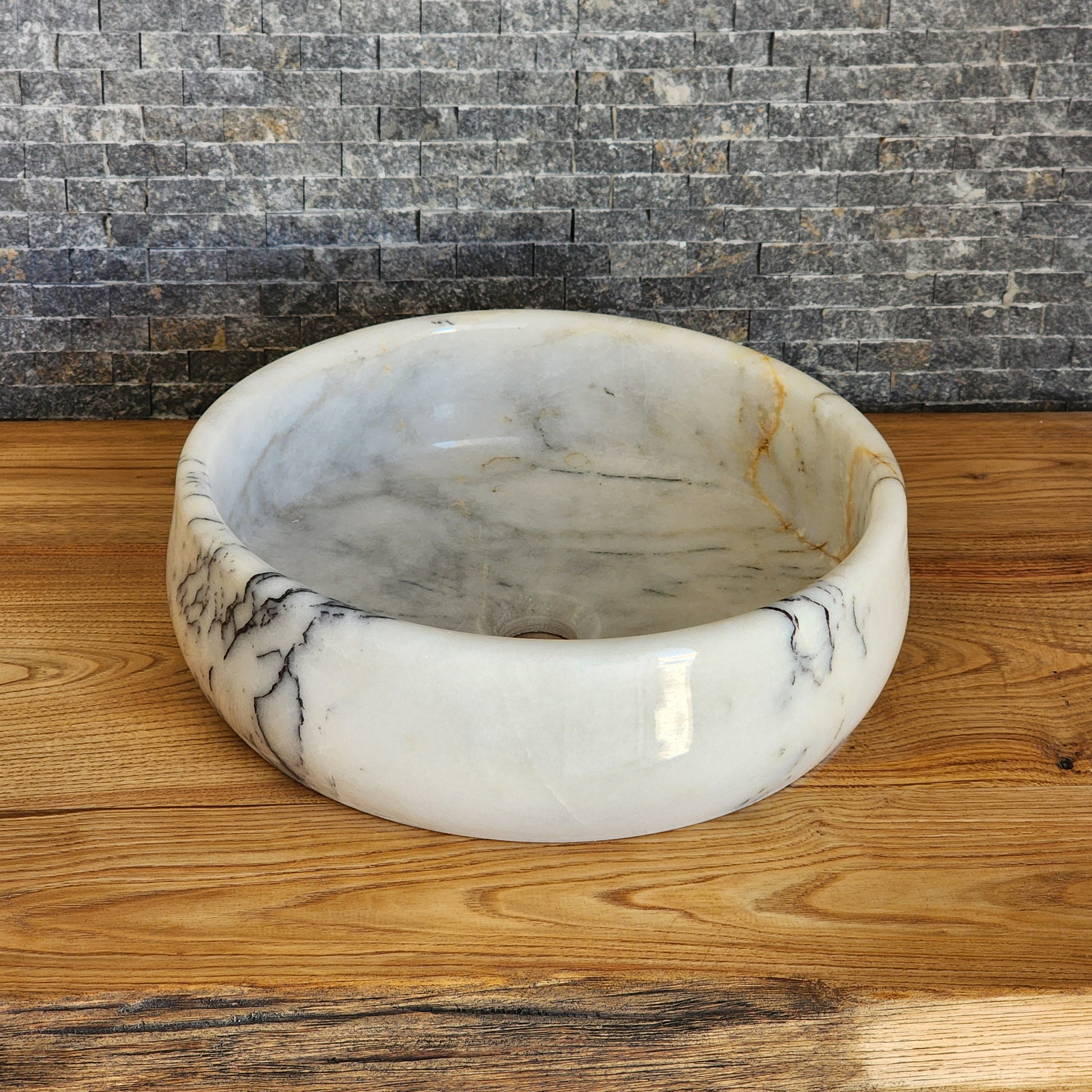 Hand-Carved White Marble Vessel Sink – Round Polished Calacatta-Style Natural Stone Basin