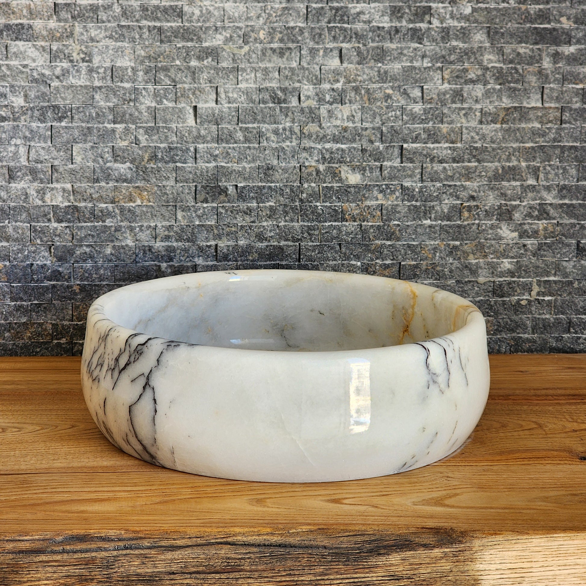 Hand-Carved White Marble Vessel Sink – Round Polished Calacatta-Style Natural Stone Basin