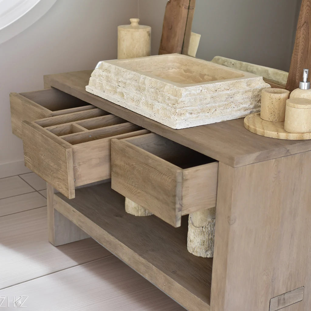 Rustikaler Badezimmer-Waschtisch mit Einzel- oder Doppelwaschbecken – schmales Live Edge-Holz 