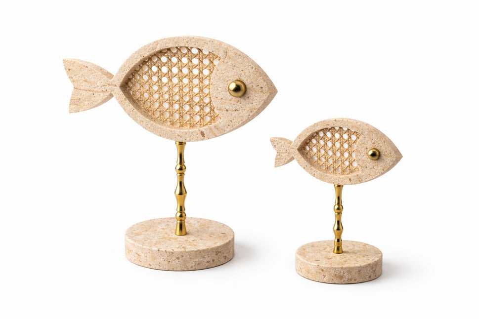Travertine Fish Pair with Rattan Inlay on Brass Stand