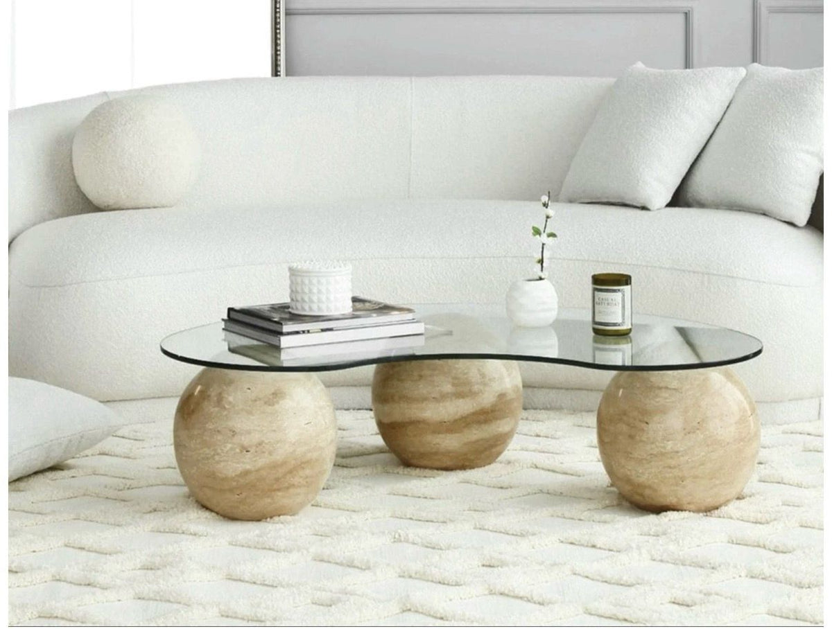 Kidney Glass Coffee Table on Travertine Spheres