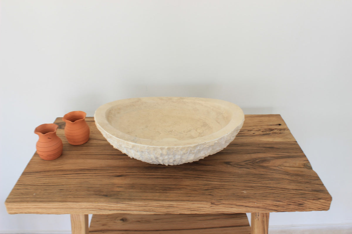 Hand-Carved Raw Chiseled Travertine Vessel Sink – Oval Organic Natural Stone Basin