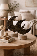 Switch Brass Crescent Moon Sculpture on Travertine – handcrafted natural beige travertine, view 2 2 image
