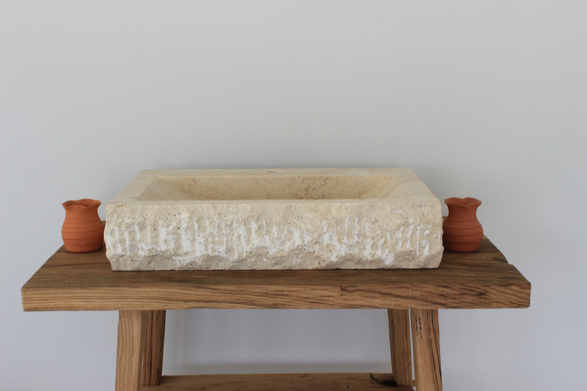Hand-Carved Rustic Chiseled Travertine Vessel Sink – handcrafted natural stone, view 2