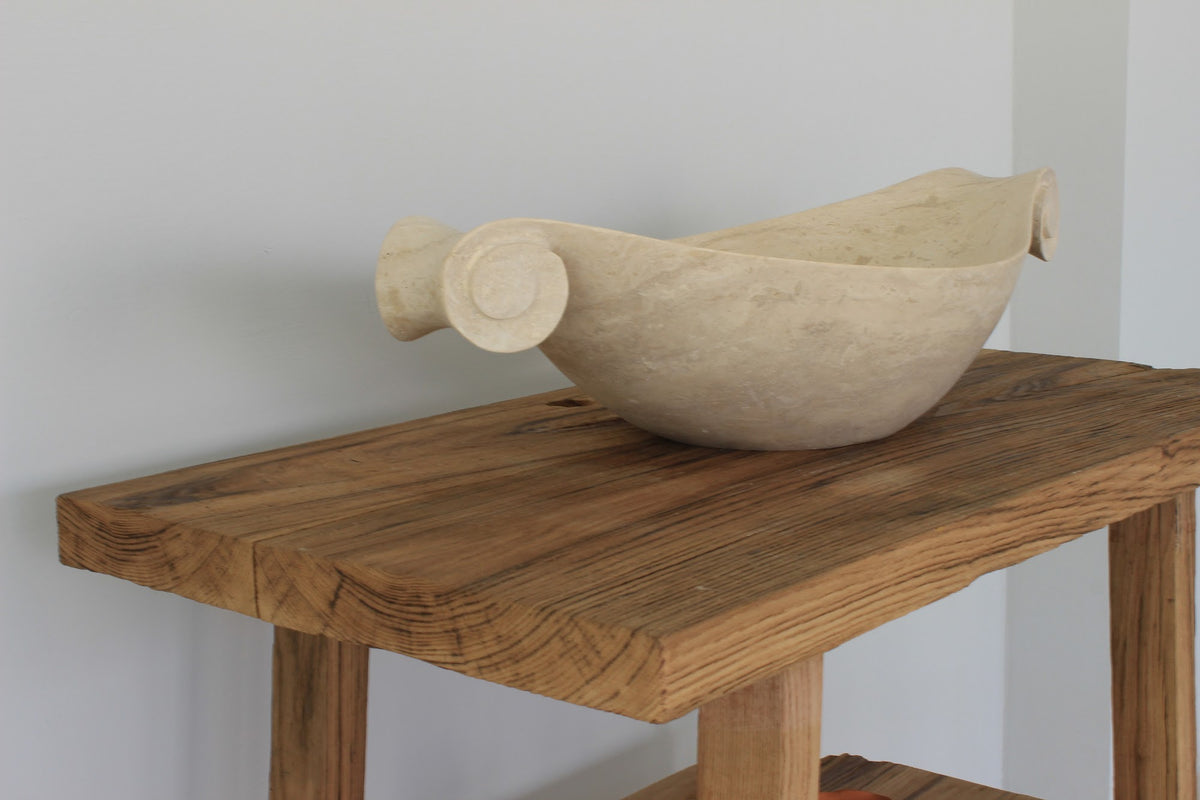 Scroll-Edge Beige Travertine Vessel Sink - Hand-Carved Sculptural Basin